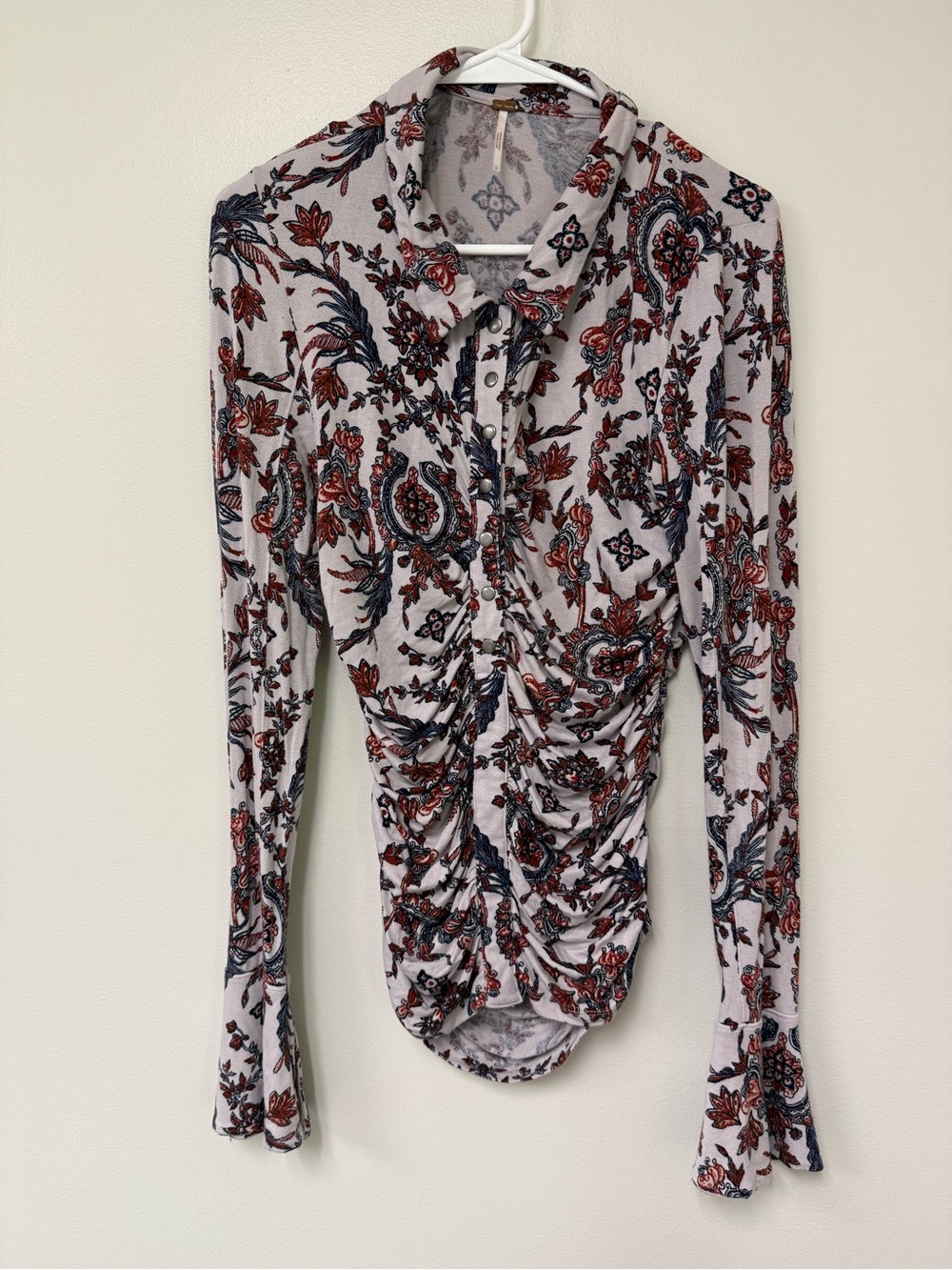 Free People L Paisley Ruched Henley Top Boho Bell Sleeve Fall Western Hippie